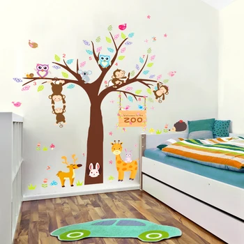 precioso mono lechuza jirafa árbol zoológico de etiquetas engomadas de la pared para habitaciones de los niños decoración para el hogar en animales de dibujos animados de la pared calcomanías de pvc de arte mural de bricolaje carteles
