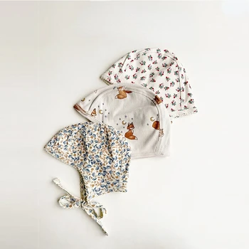 Primavera Otoño Niña Floral Impreso Sombreros de Algodón Bebé Sombreros y capas de 0-24 Meses los Bebés Recién nacidos Sombrero con Cadena