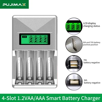 PUJIMAX Portátil de 4 ranuras Cargador de pilas Recargables AAA/AA Adaptador de LCD con Pantalla Inteligente para NI-MH y NI-CD 2A 3A Baterías