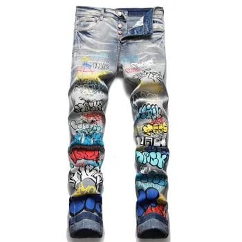 Punk tendencia retro azul traspasado guarnición delgada tramo impreso y teñido de pequeñas patas de los pantalones vaqueros de los hombres ripped jeans hombres ropa