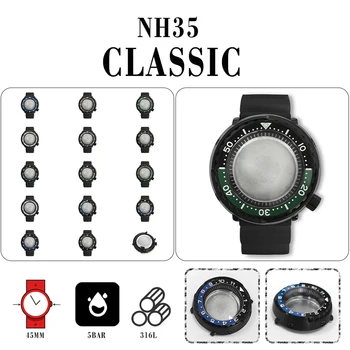 PVD Negro 45mm caja del Reloj de Caso Puede+negro Anillo Interior+Correa de Caucho negro Puede contener NH35 NH36 Movimiento