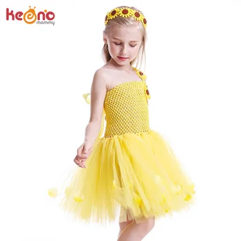 Pétalos amarillo de las Muchachas de Flor Tutu Vestido hecho a Mano de los Niños de la Princesa Vestido de Fiesta con Girasol de la Diadema de los Niños Foto de Cumpleaños de Disfraces