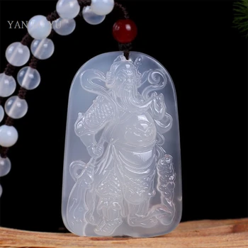 Real De La Piedra Natural Blanco Ágata Calcedonia Transparente Guan Yu Colgante, Collar De Exorcismo Amuleto De Jade De La Joyería De Los Accesorios
