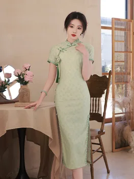Retro Collar de Mandarín Cheongsam Chino Clásico de la Mujer Qipao Elegante de Manga Corta de la Vendimia Verde Vestido de Encaje
