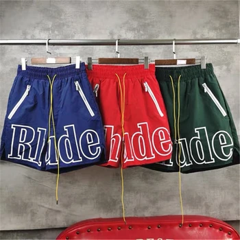 Rhude Logotipo Suave Transpirable Rhude Pantalones Cortos De Los Hombres Impermeable Y A Prueba De Viento Verde Rojo Cortos De Malla