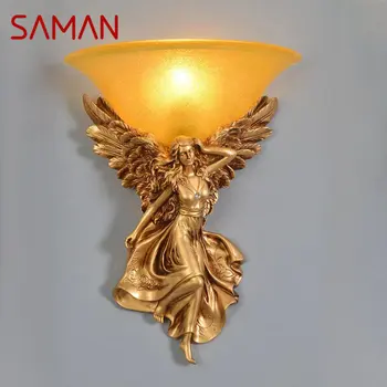 SAMAN Moderno Ángel de Oro Luces de Pared LED Creativa de la Vendimia de la Resina de la Lámpara de la Lámpara para el Hogar Sala de estar Dormitorio de la Mesilla de Decoración