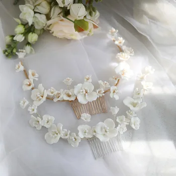 SLBRIDAL Artesanal de diamantes de Imitación de Porcelana Flores de Perlas Nupcial Peine del Pelo de la Boda de Cabello Tocado Accesorios para el Cabello de las Mujeres de la Joyería