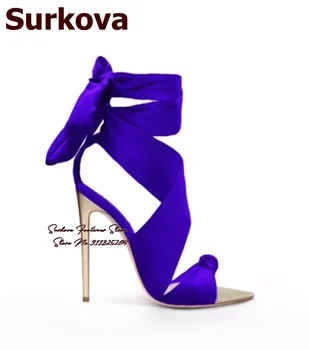 Surkova Tacones Dorados Azul Real de Satén Sandalias de Tacones de aguja en Punta de Mariposa saber los Zapatos de Vestir con cordones Conejito de Orejas Bowtie Bombas