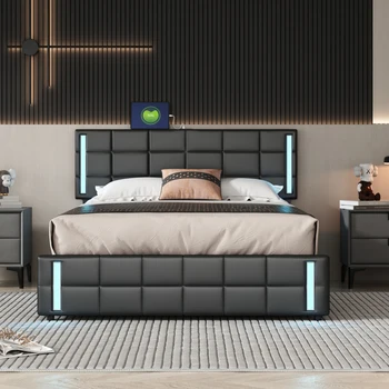 Tamaño de la reina Tapizados Cama de Plataforma con Luces LED y cable de Carga USB de Almacenamiento en la Cama con 4 Cajones, para los muebles del dormitorio