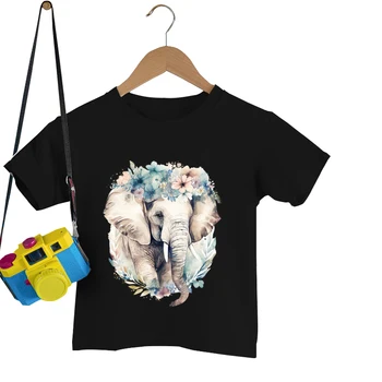 Tendencia de la moda camisetas de Niños de dibujos animados Elefante Niñas Ropa de Verano Kawaii Y2k Tops Camiseta Acuarela Animal Chicos de Moda de Camisetas