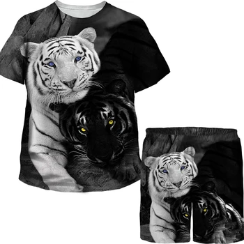 Tigre Camiseta de Niños Ropa de Niños, Moda de Verano de Manga Corta de Conjunto de Chándal Animal Impreso en 3D Chicos Linda Chica Tees/pantalones Cortos/Conjuntos