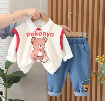 Toddler Boys Conjunto de Ropa de moda de Primavera de algodón Turn-down Cuello de camisetas de dibujos animados Chaleco de jeans 3pcs bebé, trajes de niños bebé ropa