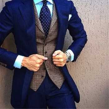 Top Venta de Azul Hombres Trajes Con Chaleco a Cuadros Terno Masculino Novio de encargo de la Moda Blazer 3Pieces(Chaqueta+Pantalones+Chaleco+Tie)