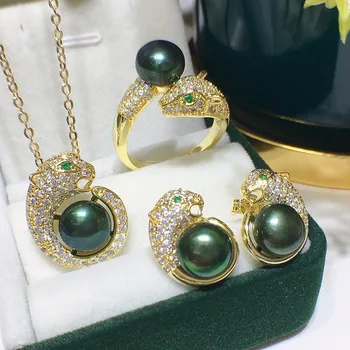 un Conjunto de perlas de agua dulce blanco/del amarillo/del negro del pendiente del anillo colgante, COLLAR verde leopars de circón