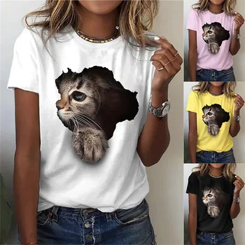 Verano 2023 Damas Animal Gato de Impresión de manga Corta de Cuello Redondo Simple T-shirt Ropa de Mujer Casual Suelto Oversize Blusa Tops