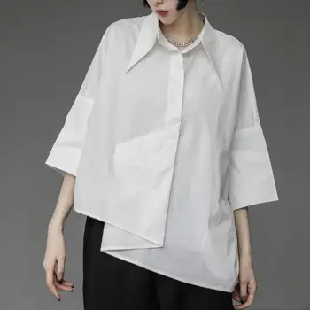 Verano suelta de manga corta camisa de color negro para las mujeres sentido de diseño nicho irregular de tres cuartos de manga bf blusa camisa femenina