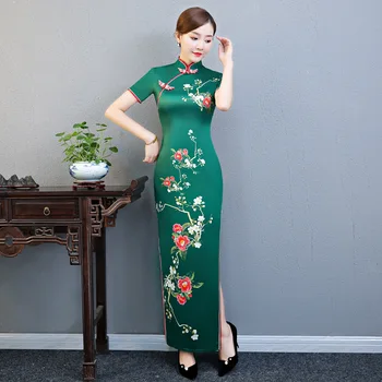 Verde de Noche Vestido de Fiesta de la Vendimia Cheongsam Chino Mandarín Collar de la Flor de Impresión de la Señora de Raso Slim Largo Qipao Gran Tamaño 3XL 4XL 5X