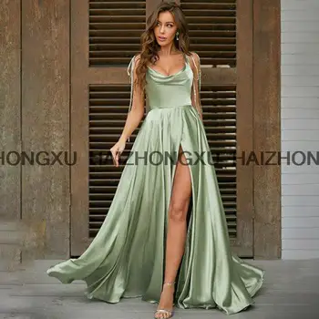 Verde salvia vestidos de dama de honor largo de Tirantes de Espagueti robe de soirée de mariage abertura sexy vestido de gala largo de invitados de la boda vestido