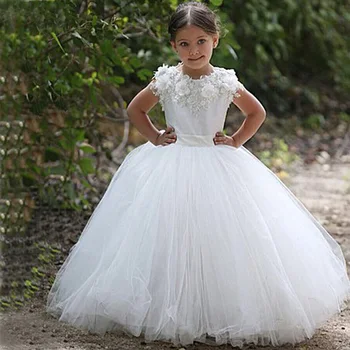 vestidos de daminha Tul Blanco con Apliques de Encaje Vestido de Bola Larga de Niña de las Flores Vestidos Para las Bodas De 2015 de la Boda Vestidos de Fiesta