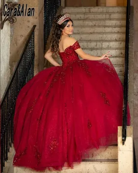 vestidos de XV quinceañera Rojo de Quinceañera Vestidos de Lentejuelas Apliques de Chicas Mexicanas Dulce 16, Vestidos de Fiesta de Cumpleaños de Tren de Barrido