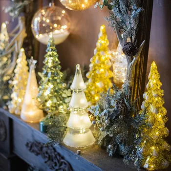 Vidrio de Árboles de Navidad Decorativos para el Hogar Mesa, Decoración Brillante de emisión de Luz Pequeña Noche Linterna Decoraciones de Luz Led