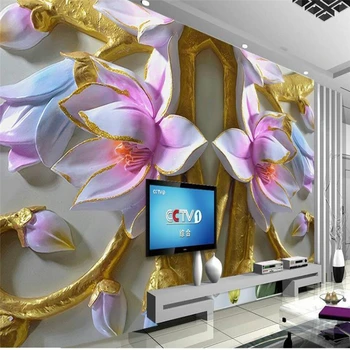 wellyu Orquídea alivio de la pared Magnolia 3D de la pared de fondo Personalizados de gran mural verde fondo de pantalla papel de parede