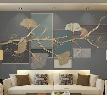 wellyu Personalizado grandes murales de estilo Chino de hojas de ginkgo geométrica de oro en relieve las líneas de la sala de estar de fondo fondo de pantalla
