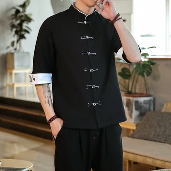 Yourqipao de Verano de la Grúa Bordado de Tapas Tradicional China de Ropa Vintage Camisas de Lino Mandarín Collar de Hanfu de Kungfu para los Hombres