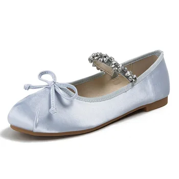 Zapatos de mujer Zapatos de Mary Jane de Cristal de las Mujeres Zapatos de Cuero Suave Cómodo, Dedo del pie Redondo Bowknot de Seda de Satén Ballerina Flats
