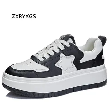 ZXRYXGS Blanca Hechizos de Color cordones de Cuero Genuino Zapatos Casual Zapatillas de deporte de la Plataforma Plana Aumentar Zapatos de 2023 Gran Tamaño de los Zapatos de las Mujeres
